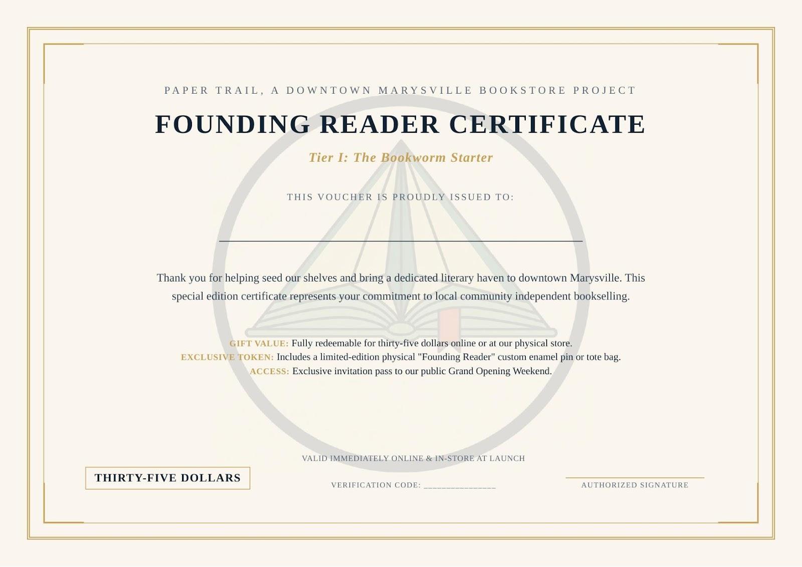 Tier I Founding Reader Certificate