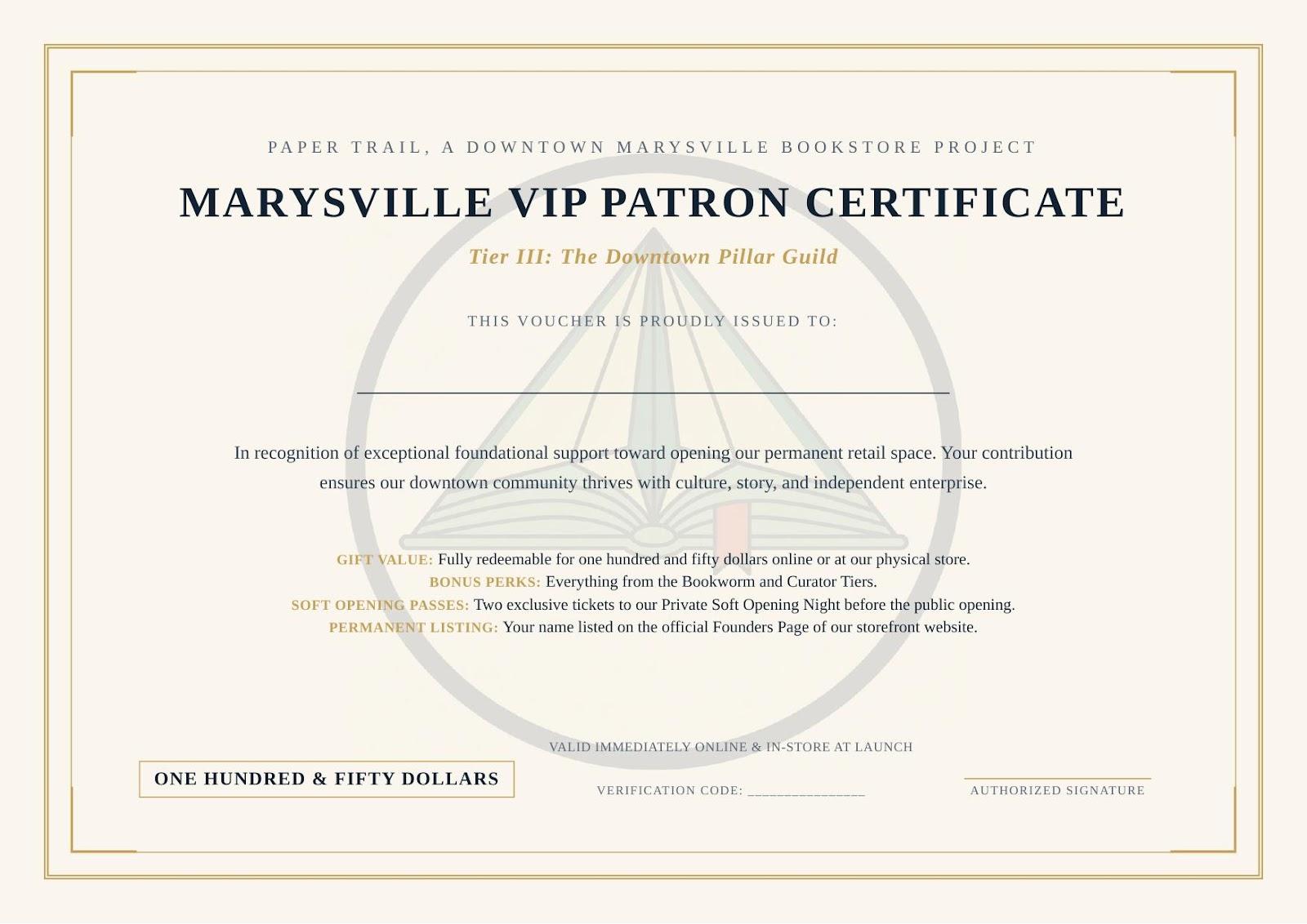 Tier III Marysville VIP Patron Certificate